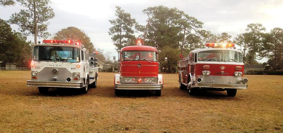 We are fortunate to have several great trucks and other vehicles in our Team to help us get our message out. Pictured here are our 1969 “Big John” CF600 Mack, our 1961 “Charleston 9″ C85 Mack and “The Bullet”, our 1976 American LaFrance Century.