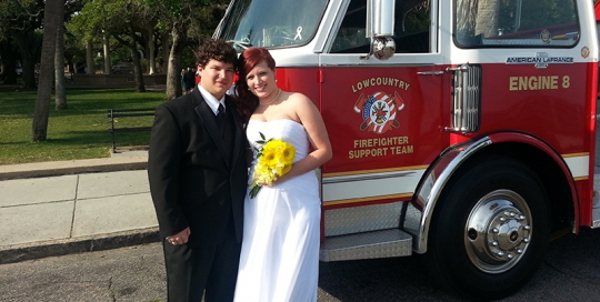 We helped this bride surprise her firefighter groom by rolling her in on Engine 8. We have been there for many weddings of our fellow firefighters since the team's inception!